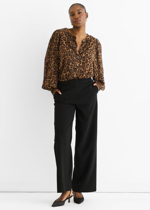 Brown Chiffon Animal Print Pleated Shift Shirt Blouse - Image 2